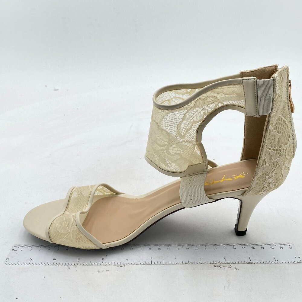 XYD White Lace Open Toe Ankle Wrap Back Zipper Mid Kitten Heels Cutout Sandals